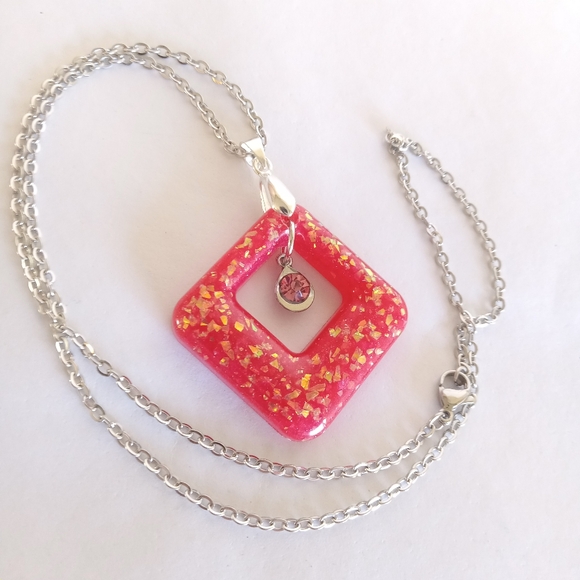 Deep pink faux opal diamond shaped pendant cz charm on 20" silver necklace new - Picture 3 of 5